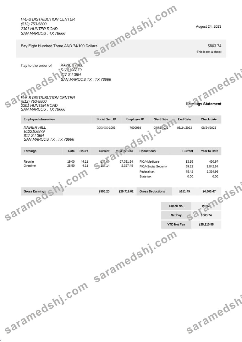 H-E-B Distribution Center earning statement template in Word and PDF formats.pdf, 2